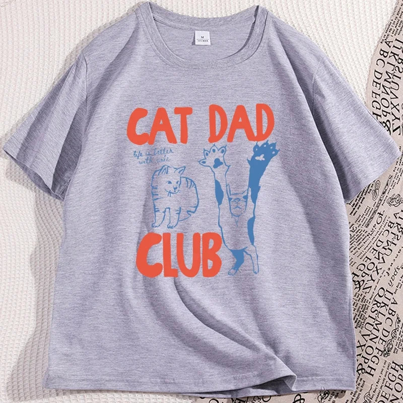 Cat Dad T-Shirt Funny Men Casual Cat Dad Club Tshirt Funny Cat Lover Pet Parent T Shirt Loose Cretive Printed Short Sleeve Tees