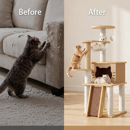 Cat Tree with Scratching Posts, Hammock, and Play Ball - Multi-Level Cat Furniture for Indoor Cats