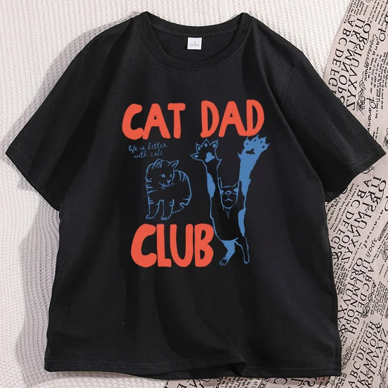 Cat Dad T-Shirt Funny Men Casual Cat Dad Club Tshirt Funny Cat Lover Pet Parent T Shirt Loose Cretive Printed Short Sleeve Tees