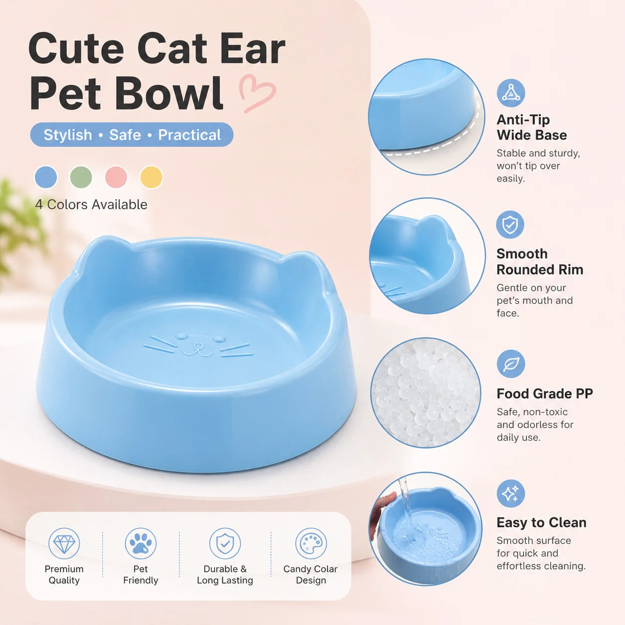 Cat Ear Design Food Bowl, Cute Cat Feeding Dish for Pets, Dog Water Bowl for Small Animals, Single Pet Bowl