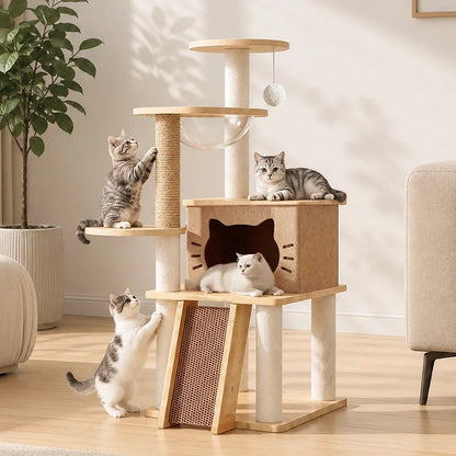 Cat Tree with Scratching Posts, Hammock, and Play Ball - Multi-Level Cat Furniture for Indoor Cats