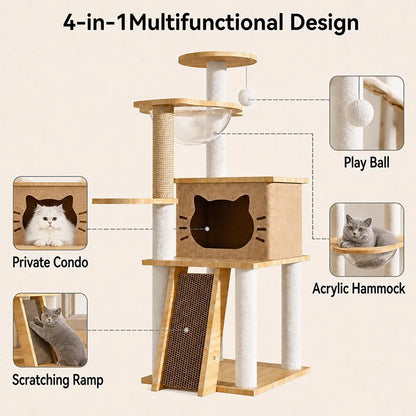 Cat Tree with Scratching Posts, Hammock, and Play Ball - Multi-Level Cat Furniture for Indoor Cats